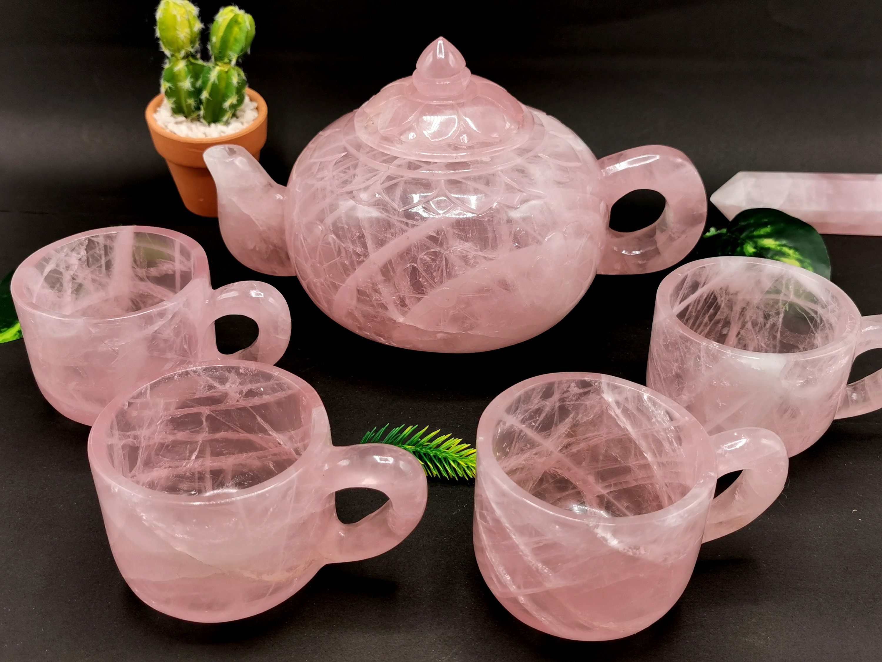 Rose Quartz Tea Set Exquisite Carving of a Tea Kettle and 4 Etsy