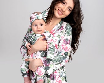 Maternity robe, mommy robe and swaddle set, mom and baby, hospital bag, baby shower gift, mommy and me robe and swaddle girl, hospital robe