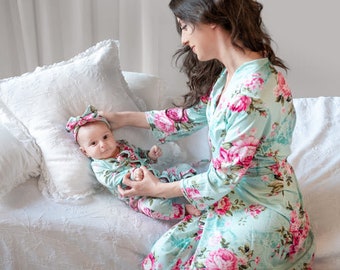 Maternity robe, mommy robe and swaddle set, mom and baby, hospital bag, baby shower gift, mommy and me robe and swaddle girl, dad shirt