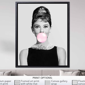 Audrey Hepburn Pop Art Print Wall Art Pink Bubble Gum Modern Art Poster Pop Art Canvas Gift for Her Fashion Wall Art Audrey Hepburn Print