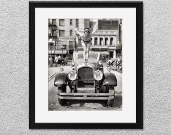 1920s Marmon Automobile with Cute Dancer Standing on Hood Photo - Ballerina - Roaring 20s - Wall Art Decor Collector Photograph - Flapper