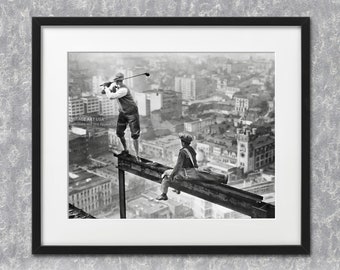 Vintage Golf Photo Wall Art High Atop Construction Building Los Angeles California 1927 Roaring 20s Golfer Gift Wall Art Decor Golf Art