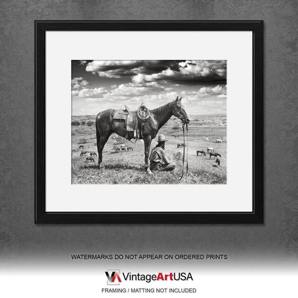 Vintage Texas Cowboy Photo Wall Art 1910 Horse Wrangler Black and White Photograph Art Southwest Horses Wall Art Cowboys Wall Decor Print