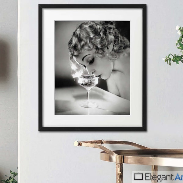 Champagne Life Wall Art Woman Sipping Champagne Bar Art Wall Decor Vintage Print Roaring 20s Artwork Classic 1920s B&W Photo Wall Art Decor