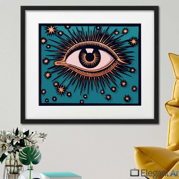 All-Seeing Eye by Franz von Stuck Fine Art Print, Framed Print, Canvas Wrap or Framed Canvas Wrap - Stars Wall Art Celestial Decor Gothic