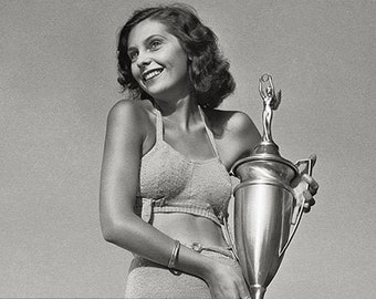 Vintage 1930s Photograph - "Best Coat of Tan" Bathing Suit Beauty Contest Winner Holding Trophy - New Professional 8x10 Fine Art Print