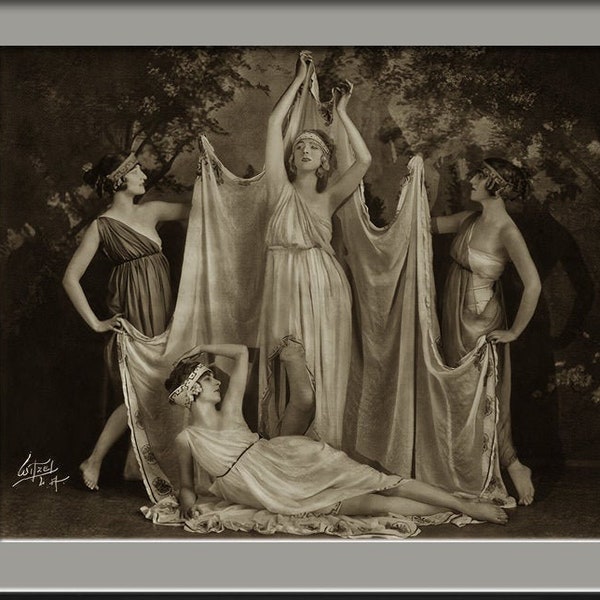 Ruth St Denis, Edna Malone, Betty Horst, & Doris Humphrey 1918 Vintage Photograph Dancers in Greek Veil Plastique Sepia Photo Dance Wall Art
