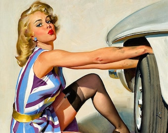 Vintage 1967 Gil Elvgren Quick Change Pin-Up Girl Illustration Artwork Car Auto Poster Beautiful New 8x10 Fine Art Print 1960s Pinup Girl