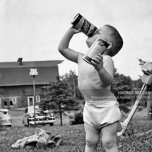 Vintage Toddler Drinking Beer Photo Funny Bizarre Odd Strange 1940s Bar Wall Art Man Cave She Shed Collector Photograph Schlitz Beer