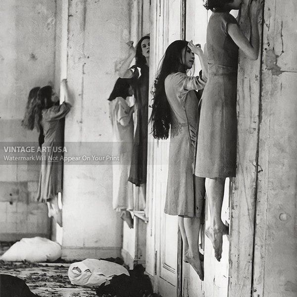 Girls Floating on Walls Photo - Witches Look Like They are Climbing Wall - Bizarre Odd Strange Creepy - Wall Art Wall Decor Gothic Occult