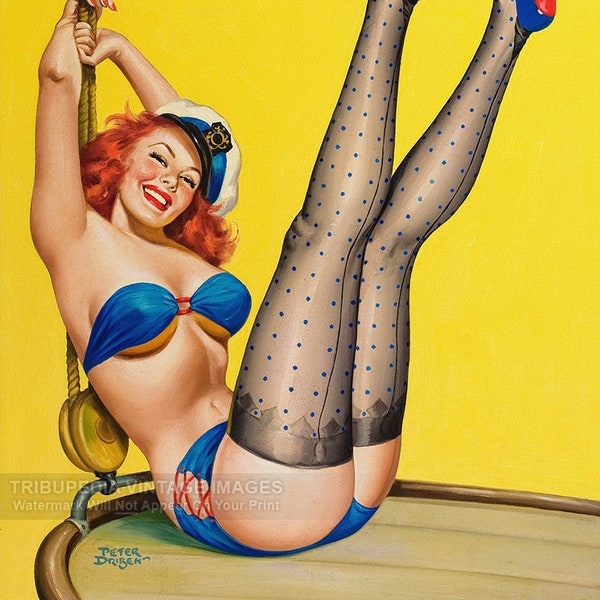 Vintage 1953 'First Mate' Pin-Up Girl Fine Art Print by Peter Driben - Redhead Model in Bikini Stockings Heels on Boat Risqué Pose