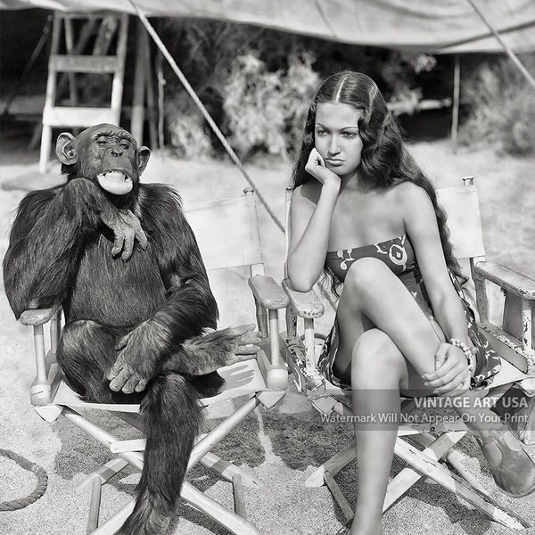 Dorothy Lamour Her Jungle Love with Jiggs the Chimpanzee Promo Photo 1938 Movie Promotional Photo Vintage Wall Art Decor Collector Image