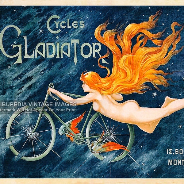 Vintage 1895 GLADIATOR CYCLES Advertising Poster - Paris, France Cycling Bicycles - Nude Fiery Redhead - Beautiful 8x10 Fine Art Print