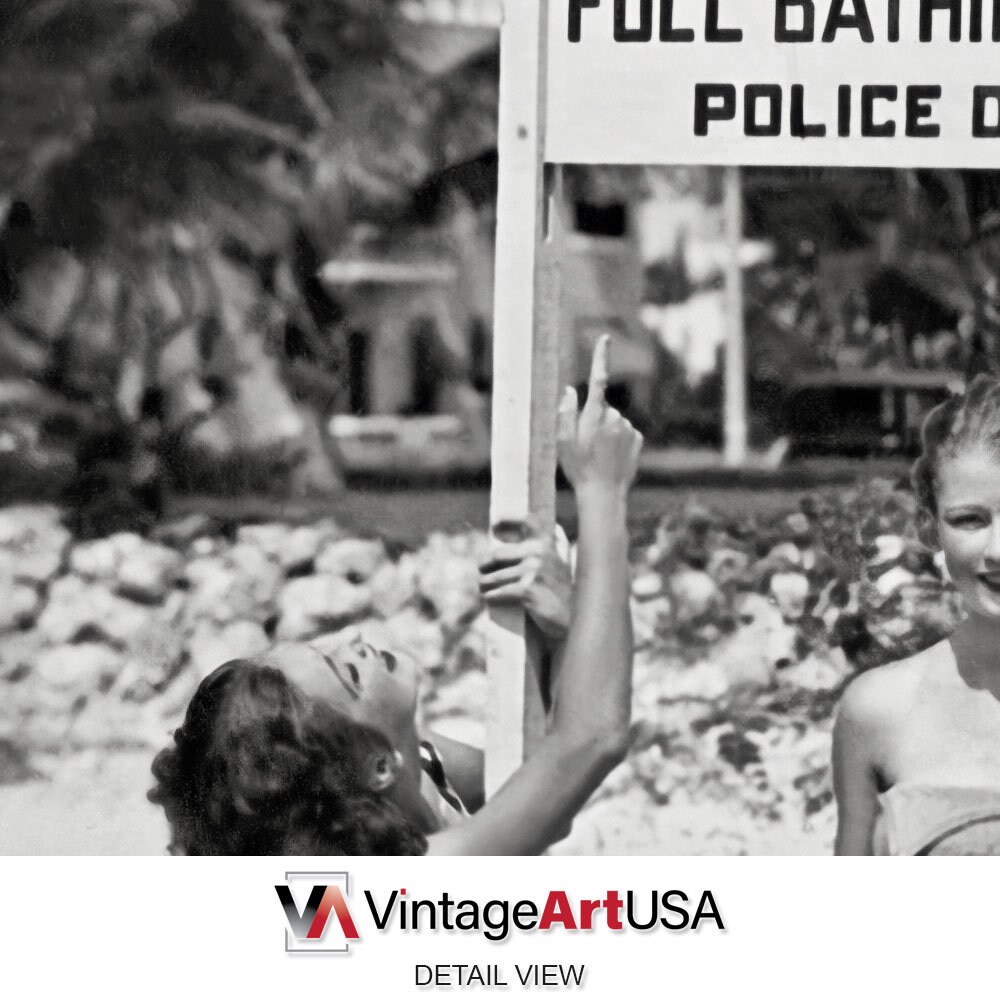 Vintage 1930s Young Women in Swimsuits Making Fun of Sign Photo Law  Requires Full Bathing Suits Miami Wall Art Decor Collector 