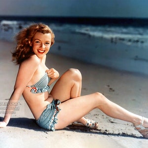 Marilyn Monroe Bikini Photo Print 1946 First Modeling Shoot Swimsuit Young Beach Seaside Postcard by the Sea Full Color Wall Art Decor image 1