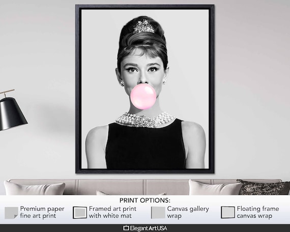 Audrey Hepburn Pop Art Print, Pink Bubble Gum Poster, Fashion Wall