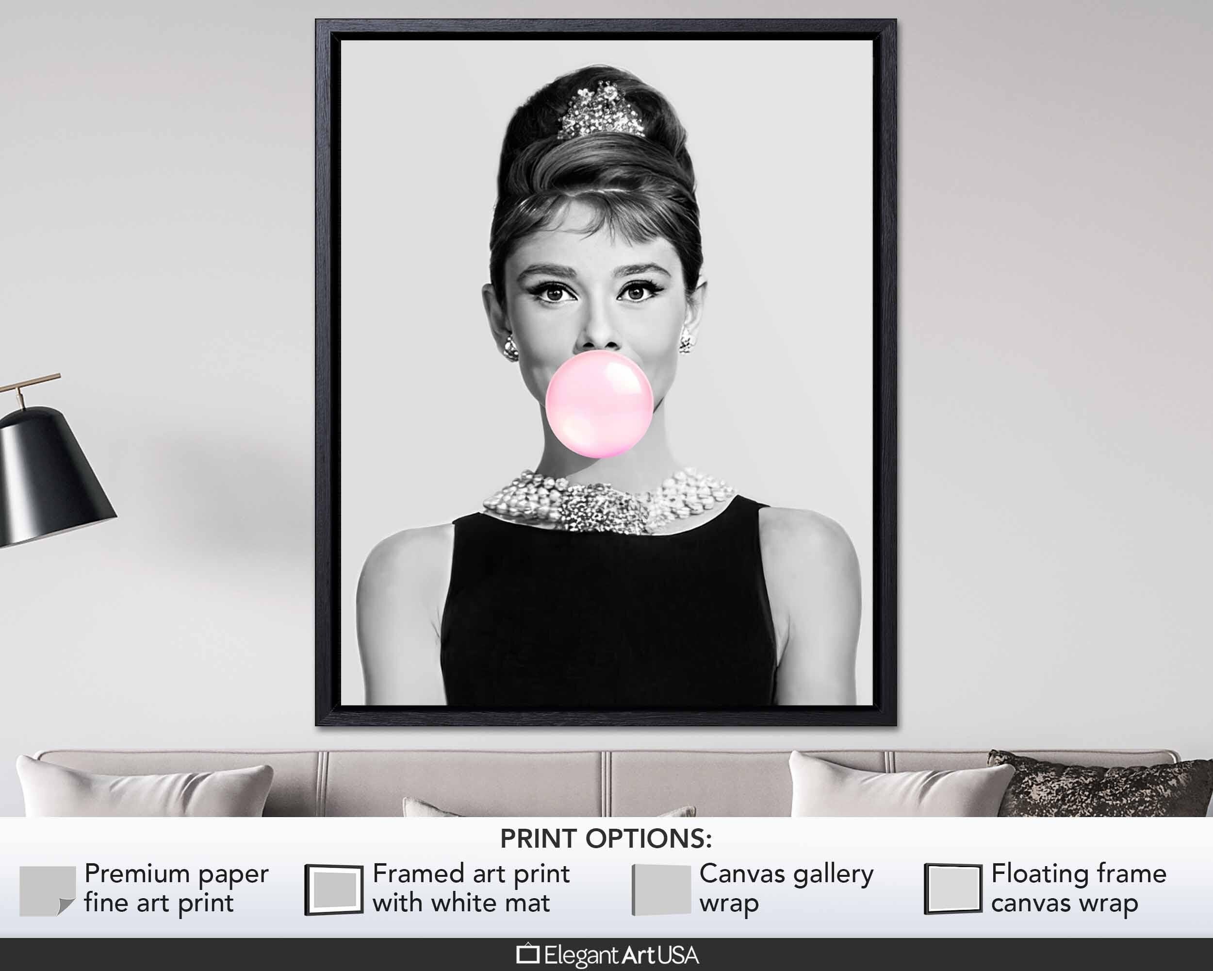 Audrey Hepburn Pop Art Print, Pink Bubble Gum Poster, Fashion Wall