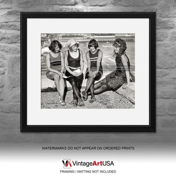 Young Ladies in Bathing Suits Wall Art Atlantic City Art Print Vintage 1920s Art Bathing Beauties Artwork Roaring 20's Wall Decor