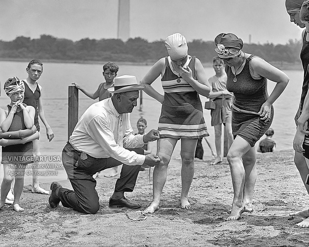 Vintage 1920s Beach Cop Measuring Woman's Bathing Suit Wall Art