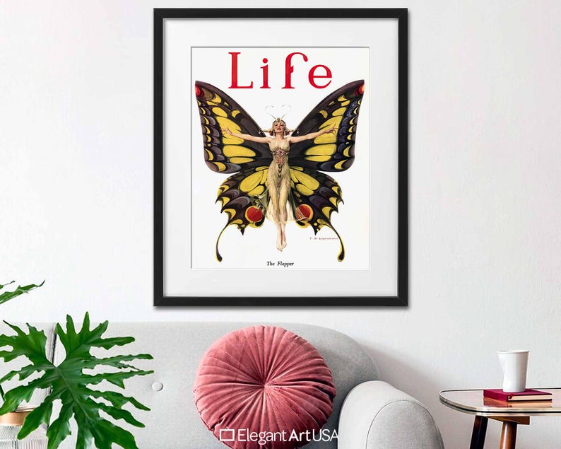 Art Nouveau Butterfly Wall Art 1922 Life Magazine Cover Art Flapper Butterfly Framed Art Print with White Mat