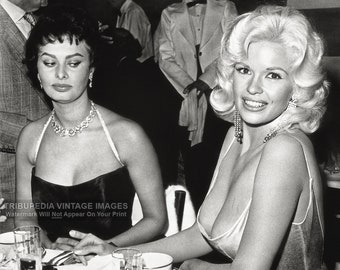 Sophia Loren & Jayne Mansfield at a Party Photograph - Vintage 1957 Infamous Iconic Cleavage Photo at Romanoff's Restaurant Photo Print