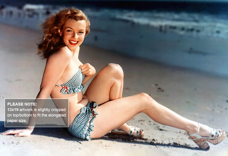 Marilyn Monroe Bikini Photo Print 1946 First Modeling Shoot Swimsuit Young Beach Seaside Postcard by the Sea Full Color Wall Art Decor 13x19 inches