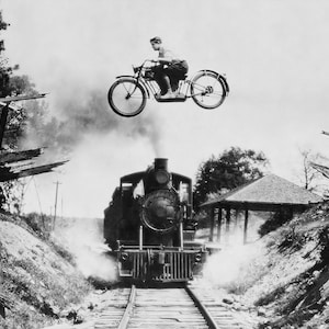 Motorcycle Jumping Old Train Photo Print - Dangerous Crossing Daredevil Rider - 1920s Wall Art Wall Decor Man Cave Garage Artwork