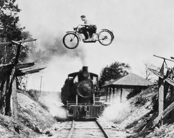 Motorcycle Jumping Old Train Photo Print - Dangerous Crossing Daredevil Rider - 1920s Wall Art Wall Decor Man Cave Garage Artwork