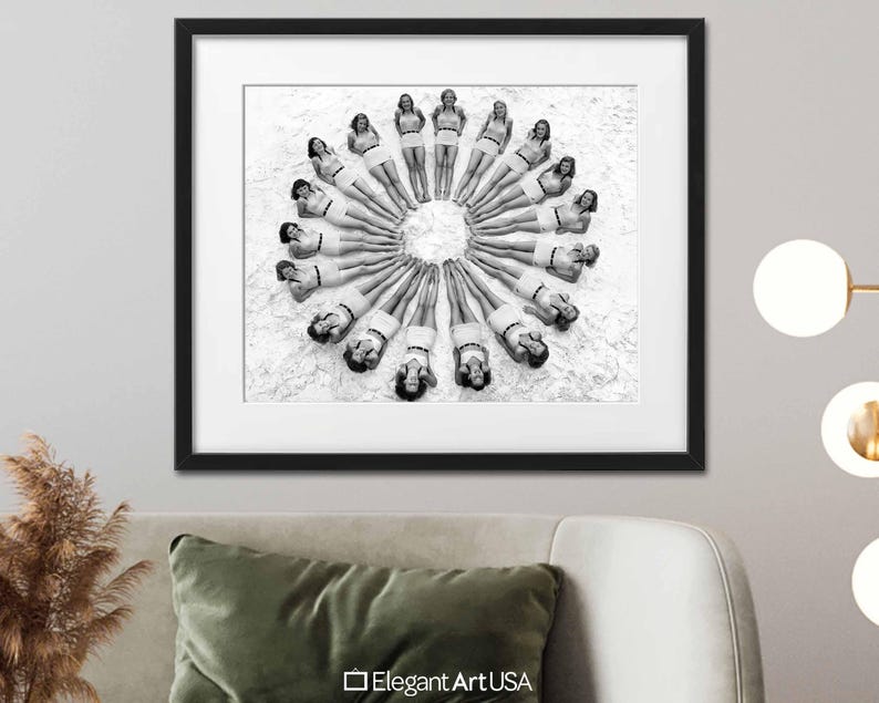 Vintage 1940s Beach Art Bathing Suit Women in Circle Framed Fine Art Print