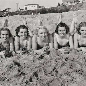 Vintage 1940s Photo Print Beautiful Young Women in Swimsuits Beach Photograph Vintage Bathing Beauties Collector Photo Wall Art Print