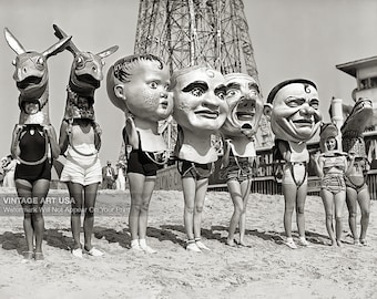 Women in Bathing Suits Wearing Giant Oversized Heads Photo Print - Vintage 1930s Mardi Gras Celebration Wall Art - Venice Beach, California