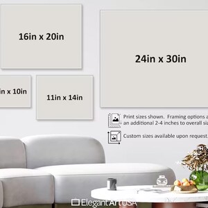 May include: A white wall with four different sized rectangular frames showing various print sizes available for purchase. The frames show the following sizes: 8 inches by 10 inches, 11 inches by 14 inches, 16 inches by 20 inches, and 24 inches by 30 inches. The text below the frames reads: "Print sizes shown. Framing options add an additional 2-4 inches to overall size. Custom sizes available upon request."