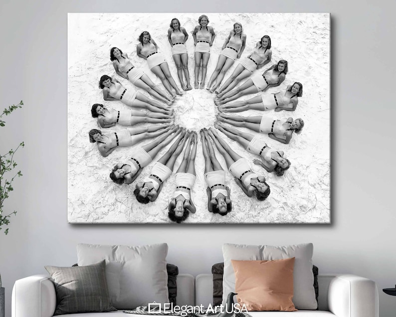 Vintage 1940s Beach Art Women in Circle Fine Art Print