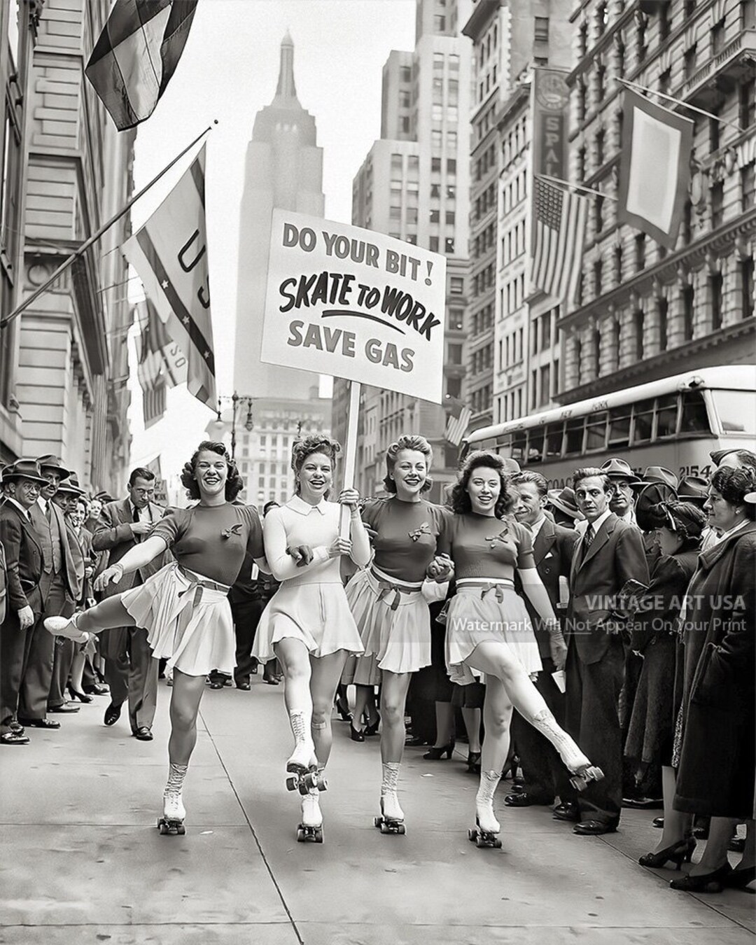 Skate to Work Save Gas Photo Print 1940s Broadway Roller Vanities Girls