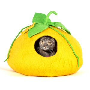 Reefelt Pumpkinlike in Yellow with Flower & Leaves Felt Cat Cave - Cat House - Cat Bed - Felt Cat Bed