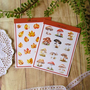 planche de stickers champignons feuilles automne autocollants bullet journal, planner, art journal, scrapbooking