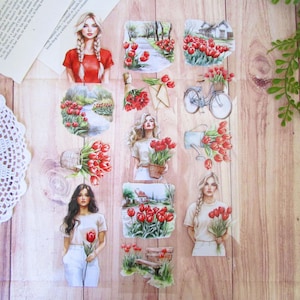 Nastro adesivo ad anello 7x100cm Tulipani rossi, diario d'arte, journaling, diario spazzatura, diario creativo, scrapbooking