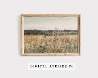 May include: A framed painting of a field of wildflowers in a landscape setting. The painting is in a light wood frame and has a vintage feel.