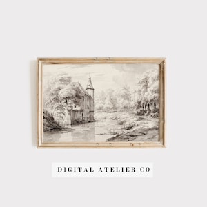 May include: A black and white drawing of a castle with a tower, surrounded by trees and a river. The drawing is framed in a light wood frame.