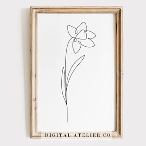 Fleur de naissance Mars Jonquille Dessin au trait Décor à la maison Imprimable Fleur Ligne Art Ligne Continue Mur Art Noir Blanc Fleur Floral Affiche 1018