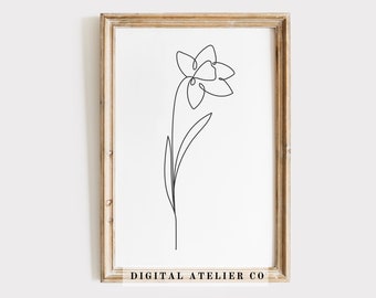 Birth Flower March Daffodil Line Drawing Home Decor Printable Flower Line Art Continuous Line Wall Art Black White Flower Floral Poster 1018