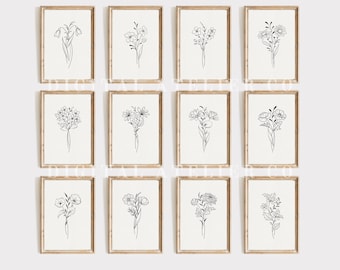Birth Month Flower Line Art Print Set: Botanical Wall Decor (Digital Download) S07