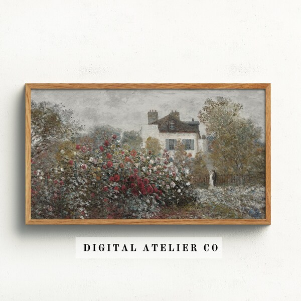 Samsung Frame TV Art | Rose Garden Wall Art | Cottage Oil Painting |  Summer Vintage Muted Print | Antique Wall Art | Nature art | 2189