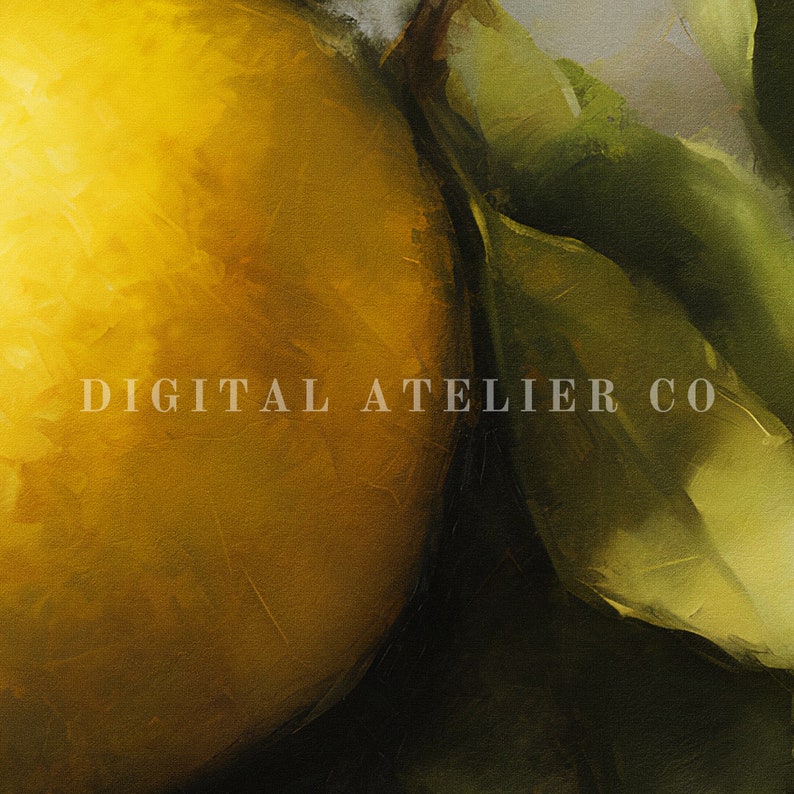 Beautiful close-up fruit still life colour digital image of a painting, showing a lemon in a rustic setup. Staged on a branch with green leaves visible. Vintage overall mood to the image.