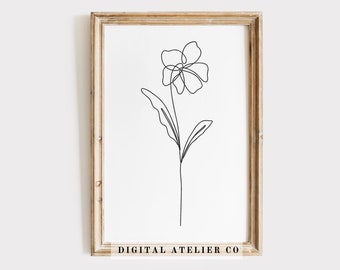 Birth Flower February Violet Line Drawing Flower Home Line Art Continuous Line Wall art Monochrome Flower Tattoo Print Floral Poster 1014