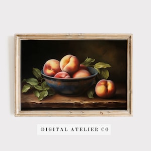 Vintage Peach print Tropical Fruit Print Kitchen Still Life Print Mediterranean fruit Painting Rustic Peaches in bowl Wall Art 2227
