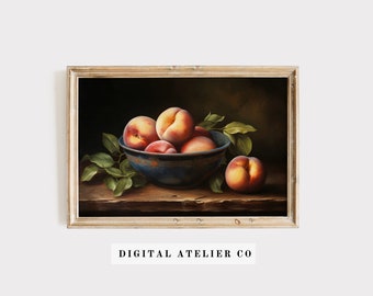 Vintage Peach print Tropical Fruit Print Kitchen Still Life Print Mediterranean fruit Painting Rustic Peaches in bowl Wall Art 2227