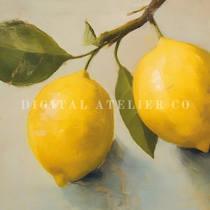 Beautiful close-up lemon fruit still life colour digital image of a painting, showing lemons on a branch in a rustic setup. Staged on a neutral background. Green leaves visible. Vintage overall mood to the image.
