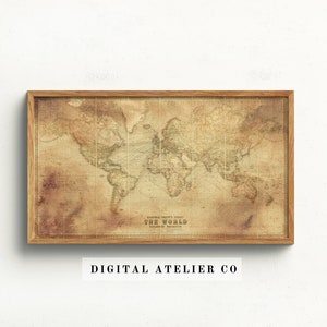 May include: A framed vintage world map with a brown wood frame. The map is faded and has a distressed look. The text on the map reads "Bartholomew's Chart The World."