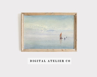 Vintage Seascape sailboat watercolor painting print Ocean wall art Coastal Downloadable Digital Antique Art 2064